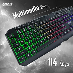 Geonix Cruiser K3 Multi Function Gaming Keyboard with 114 Keys, Dedicated Multimedia Keys, Rainbow Backlight, PVC Cable, Noiseless Keys, Durable Body, Slim Design (Black)