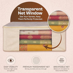 JD FRESH 3 Pcs Cotton Saree Covers/Storage Bags with Zip Cover/Space Saving Bag with Transparent Window/Wardrobe & Cupboard Organizer for Clothes/Bedsheets/Lehengas (16 x 13 x 3 Inch/Off White)
