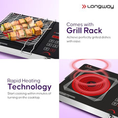 Longway Infralite Pro 2200W Infrared Hot Plate Cooktop with Steel Grill Rack, Crystal Glass Top, Touch Panel & Digital Display, 4 Preset Modes – Stir Fry, BBQ, Hot Pot & Steam, Black