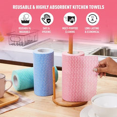 Amazon Brand - Presto! Non-Woven Kitchen Towel Roll | 80 Pulls (Pack of 2) | Size: 23 x 21 cm | Wavy Pattern (Red & Blue) | Washable and Reusable | Highly Absorbent | For Daily Use