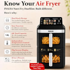 INALSA Double Basket Air Fryer 2800W & 14 L (7L+7L) Large Capacity |Non Toxic,BPA Free|PFOA Food Safety Certified|Cook 2 Full Meals Together|Flip Digital Screen|NutriFry DuoSlim
