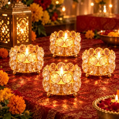 TIED RIBBONS Pack of 4 Crystal Tealight Candle Holder Gift Box - (5.8 cm X 4.3 cm) Centerpieces Votive Candle Holders for Home Dining Table Living Room Office - Diwali Decoration Items for Home Décor