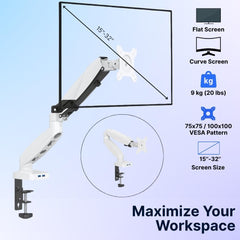 UNIQ MOUNTS Heavy Duty Premium 13''-32'' Gas Spring Assisted Single Monitor Arm, Heavy Duty Desk Stand,180° Swivel, 360° Rotation,+90°-85° Tilt VESA 100x100, 9kg Capacity Load (White)
