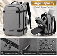 Wesley Luxur 45 Ltrs Overnighter Expandable Travel Laptop Backpack, Flight Cabin Approved Carry On with 16 inch Laptop Compartment, Anti Theft feature business/Travel/Weekender/college Charcoal Black