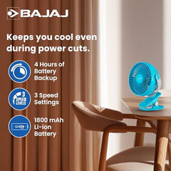 Bajaj Pygmy Mini Fan 110MM | USB Charging | Multi-Clip Function | Rechargeable | 4-Hr Back-up | Silent Operation | Longer Battery Life | Energy Efficient | Portable【White】