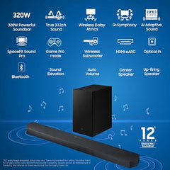 Samsung 320 W True 3.1.2ch Soundbar with Dolby Audio | Q-Symphony | Center, Up-Firing Speakers | HDMI eARC | Optical in | Bluetooth 5.3 | Wireless Subwoofer (HW-Q600H/XL, Titan Black)