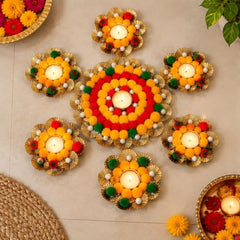 Webelkart Premium Pack of 9 Diwali Decoration Flower Rangoli Diwali Decorative Rangoli with Diya Set, Tea Light Candle Holder Floor Rangoli Festival Decor Home,Deepawali Center 10" and Samll 4" in
