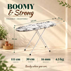 Smart Shelter Ironing Board with Adjustable Height, 111x30 CM | 16 mm Metal Bracket, Pure Cotton Cover, Foldable Design, Black and White Print, Home Use