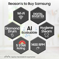Samsung 8 Kg 5 Star Eco Bubble Technology, AI Control & Wi-Fi, Fully-Automatic Front Loading Washing Machine Appliance (WW80T504DAN1TL, Digital Inverter, In-Built Heater, Inox)