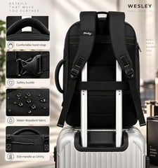 Wesley Luxur 45 Ltrs Overnighter Expandable Travel Laptop Backpack, Flight Cabin Approved Carry On with 16 inch Laptop Compartment, Anti Theft feature business/Travel/Weekender/college Charcoal Black
