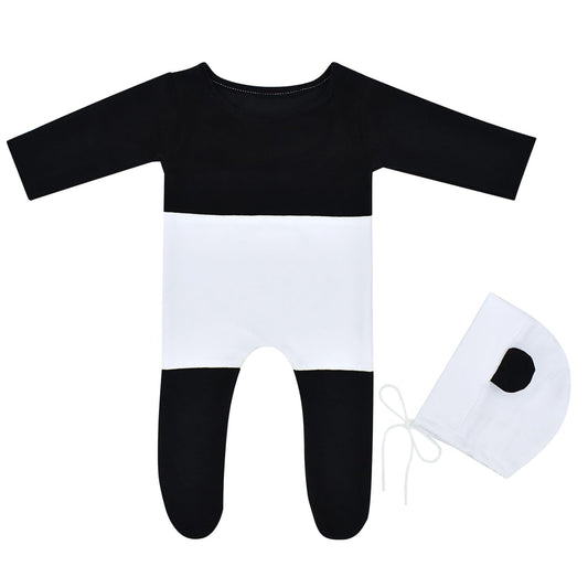 MOMISY Panda Design Baby Photography Costume Set, Black and White Jumpsuit with Matching Cap
