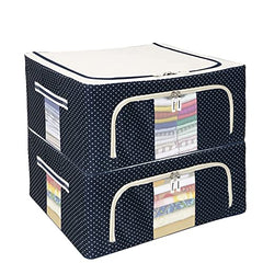 FLYNGO Foldable Steel Frame Clothes Organizer Storage Box For Wardrobe, Saree, Shirts, And Blankets (66 Ltr - Pack Of 2, Oxford Fabric), Blue
