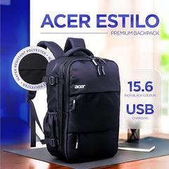 Acer Estilo Premium 15.6 Inch Black Color Backpack I Water Resistent Polyester I Expandable, 2 Zipper Front Pocket, 2 More Compartment for Laptop and Other Accessories I USB Charging I Strolley Strap