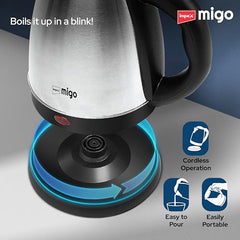 Impex Migo Stainless Steel Electric Kettle 1.8 Litre 1500 Watts Fast Boiling Portable Electric Kettle | Power Indicator | Dry Run Protection | Auto Cut off | 360 Degree Rotatable | 1 Year Warranty