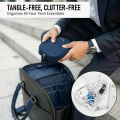 Elfora Compact Cable Organizer Bag | Double Layer Storage Pouch for Cables, Chargers, AirPods, Power Bank & Other Accessories | Durable & Portable Nylon Travel Case with Mesh Pockets – Blue