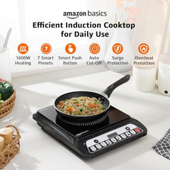 Amazon Basics 1600W Induction Cooktop | 7 Pre-Set Cooking Menus | LED Display | Smart Push Buttons I Energy Efficient, Auto Cut-off, 20A IGBT & 4KV Surge Protection I Black