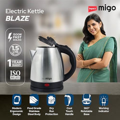 Impex Migo Stainless Steel Electric Kettle 1.8 Litre 1500 Watts Fast Boiling Portable Electric Kettle | Power Indicator | Dry Run Protection | Auto Cut off | 360 Degree Rotatable | 1 Year Warranty