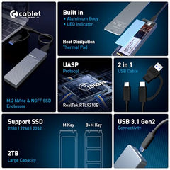 Cablet M.2 NVMe/NGFF SSD Enclosure USB 3.1 Gen2 10Gbps for 2242/2260/2280 M-Key/M+B Key PCIe SSD, Supports Dual Protocol NVMe and NGFF SSD, UASP Max 2TB, Aluminium Case