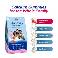 Calcimax Calcium Gummies with Vitamin D for Men Women and Kids Above 5 Years | Sugar Free | Strawberry Flavour | Bone Health Supplement | 60 Gummies
