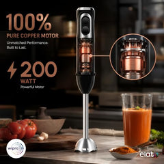 Wipro Elato FMB 204 Hand Blender with Chopper and Whisk|Powerful 200 Watt Copper Motor With Rust Free Steel Arm|3 in1 Multi-functional Mode|Four In One Blade-Churn, Whip,& Blend|Black|2- Year Warranty