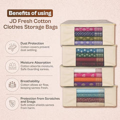 JD FRESH 3 Pcs Cotton Saree Covers/Storage Bags with Zip Cover/Space Saving Bag with Transparent Window/Wardrobe & Cupboard Organizer for Clothes/Bedsheets/Lehengas (16 x 13 x 3 Inch/Off White)