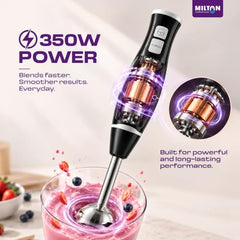 Milton Turbo 350W Hand Blender | Powerful Hand Blender Electric with Stainless Steel Blades | 2-Speed Mixer & Machine | Portable Blender for Smoothies, Juices & Sauces | Easy-Clean Lightweight Design