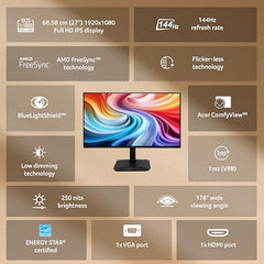Acer EK240Y P6 P6 23.8 Inch IPS Full HD Backlit LED Monitor I 144Hz Refresh Rate, 1MS VRB Response Time, AMD FreeSync I 1 x VGA 1 x HDMI with Inbox HDMI Cable I Zero Frame Design I Eye Care I Black