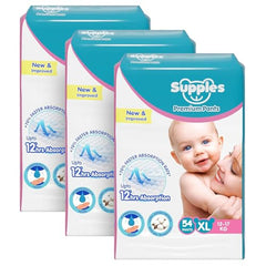 Amazon Brand - Supples Premium Baby Diaper Pants | 108 Baby Diapers | XL | 12-17 Kg | 12 Hrs Absorption | Cushiony Cotton Soft Fabric | Phthalates-Free | Triple Leak Guard | 54 Count, Pack of 2