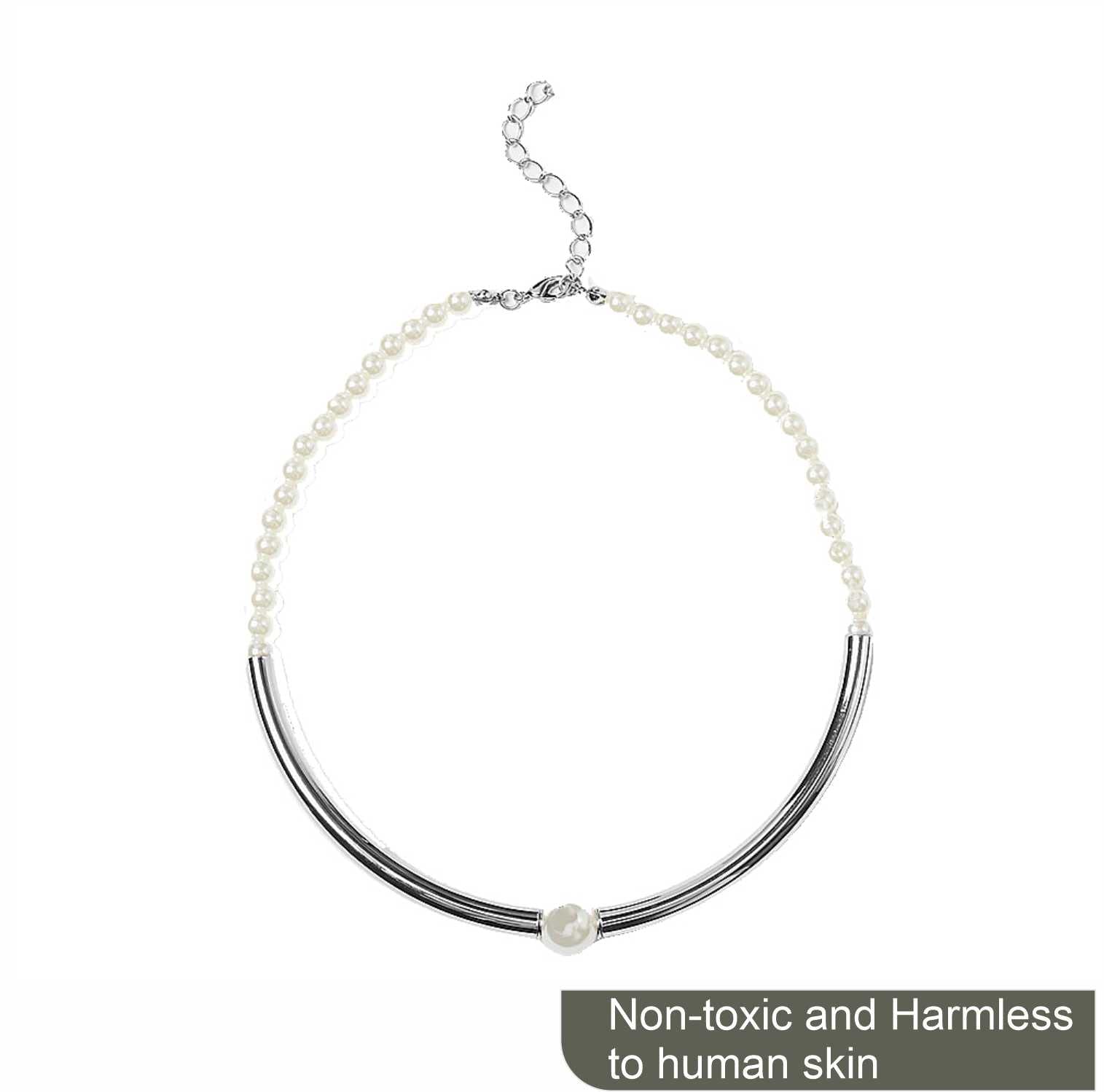 SYGA Pearl Style Metal Copper Fashion Necklace Jewellery For Women, Engagement, Gift, Party - Silver
