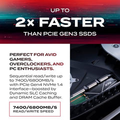 XPG ADATA GAMMIX S70 Blade M.2 NVME 1TB PCIe Gen4x4 2280 Internal Solid State Drive/SSD, Read/Write Speed Up to 7,400/6800 MB/s - (AGAMMIXS70B-1T-CS) Compatible with PC, Laptop and Play Station 5