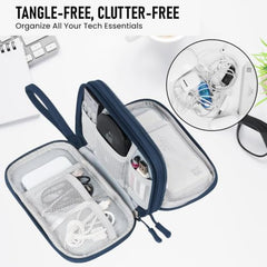 Elfora Compact Cable Organizer Bag | Double Layer Storage Pouch for Cables, Chargers, AirPods, Power Bank & Other Accessories | Durable & Portable Nylon Travel Case with Mesh Pockets – Blue