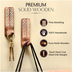 IndianShelf 6 Decorative Wood Adhesive Wall Hooks No Drill - Fork Art | Handmade, Renter Friendly, Waterproof, Reusable, Peel and Sticky Hooks for Keys, Towel, Bags, Light Coat, Jewelry, 10Lb Load