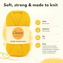 Classyo Acrylic Yarn for Crocheting (100gms x 1 Ball, 4ply) | Soft Wool Crochet Thread | Acrylic Hand Knitting Yarn | Wool for Crochet | For Sweater, Scarf, Hat, Baby Clothes, Purse, Gift Bags and DIY Crafts (Butter, Pack of 1)