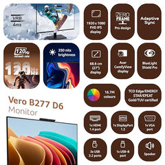 Acer B277 D6 27 Inch IPS Full HD Backlit LED LCD Monitor I IR 5M Adjustable Webcam with Human Presence Detection, 120Hz, Height Adjustment and Pivot, HDMI, VGA, DP, USB 3.2 HUB I Stereo Speakers