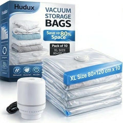 Hudux 10 Pack Large (60×80 cm) Vacuum Compression Zipper Storage Bags With Electric Pump,Compression Storage Space Bags For Travel,For Clothes,Bedding,Pillows,Airtight Reusable Vacuum Bags