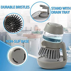 MOMISY Plastic Cleaning Brush with Soap Dispenser for Kitchen, Sink, Dish Washer with Storage Stand-Pack of 2 (Grey, Green