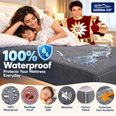 GADDA CO 100% Waterproof Premium Cotton Feel Mattress Protector King Size 78x72 Inch|Ultra Soft Breathable & Fitted Bed Protector Terry Cover Double Bed (6.5x6 feet, Fits 10 Inches, Grey)