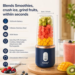Juicer for Home ^ Lacossi Juicer Mixer Grinder with 1500mAh Battery, 6 Blades 3Gears Fast Blending, 2-Jar Capacity (400ml*2) | 40 Watts Bullet Rechargeable Portable Personal Juicer