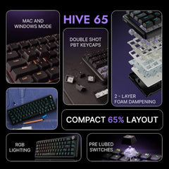 Kreo Hive 65 Wired Mechanical Gaming Keyboard | 65% Layout | Gasket Mount | Metal Volume Knob | Pre-Lubed Linear Switches | RGB Backlit | Type-C | Mac & Windows Mode