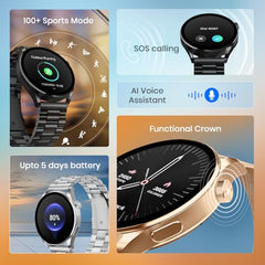 Fastrack MYND 1.93” AMOLED Display Smart Watch for Men & Women with AI Watch Faces,AI Chat,Offline Voice Commands,Curved Metallic Design,Functional Crown,BT Calling, Health Suite,100+ multisport modes