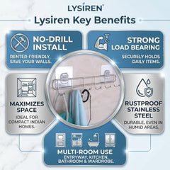 LYSIREN Door Hangers for Clothes, Hanger for Wall – Stainless Steel Bathroom Wall Hook with 6 Hooks, Self Adhesive Magic Sticker Door & Wall Hanger for Towel, Kitchen & Clothes, 5 Kg Capacity, Silver