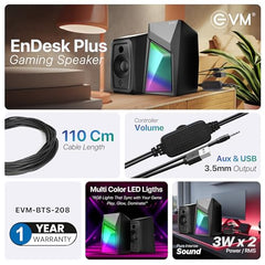 EVM EnDesk Plus Gaming Wired Stereo Speakers with RGB Lighting – Dual 3W RMS Output (2” Drivers), USB Powered, 3.5mm AUX Input, Line-Controlled Volume - 1-Year Warranty (EVM-BTS-208)