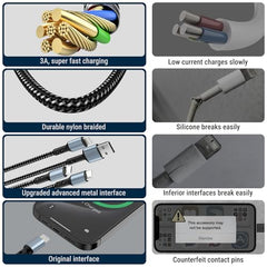 COSTAR 60W 3 in 1 Multi Fast Charging Cable - 3A Nylon Braided Charger Cable Compatible with iPhone, iPad, Samsung Galaxy, OnePlus, Mi, Oppo, Vivo, iQOO, Xiaomi, Car (Silver)
