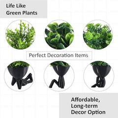 Kuber Industries 3 Pcs Set Plastic Mini Artificial Plants with Pot | Table Top & TV Unit Decorative Items for Living Room | Faux Plants for Home Decor & Office Desk | Man Shape - Black