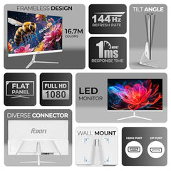 Foxin 24 Inch FHD Flat LED Monitor 1920x1080 Pixel Elite Series | Flat Panel, HDMI & VGA Port, 100Hz Refresh Rate, Frameless, Slim Bezel, Wall Mountable, 16.7 M Colors | 3 Years Warranty | White