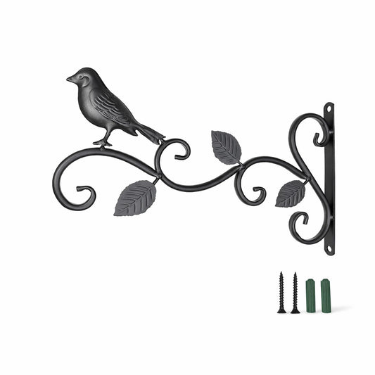 STANSY Decorative Iron Wall Hanging Plant Bracket, Bird and Leaf Design, Heavy Duty Wall Mount Hook, Black, Set of 1