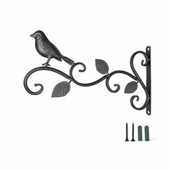 STANSY Decorative Iron Wall Hanging Plant Bracket, Bird and Leaf Design, Heavy Duty Wall Mount Hook, Black, Set of 1