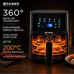 Faber 4L 1350W Digital Air Fryer | Fry, Bake, Roast | 85% Less Oil, 200°C Swirl Heating Technology |10-Preset Menu|Touch Control Interface| Auto Shut-Off |2 Yrs Comprehensive Warranty|Black