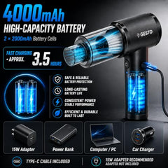 Gesto Car Vacuum Cleaner, 4-in-1 Cordless Handheld Vacuum Cleaner & Air Blower, 12000Pa Portable Mini Vacuum Cleaner for Car, Sofa & Home, 70W Brushless Motor, 4000mAh Battery - 1 Year Warranty