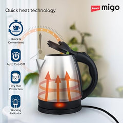 Impex Migo Stainless Steel Electric Kettle 1.8 Litre 1500 Watts Fast Boiling Portable Electric Kettle | Power Indicator | Dry Run Protection | Auto Cut off | 360 Degree Rotatable | 1 Year Warranty